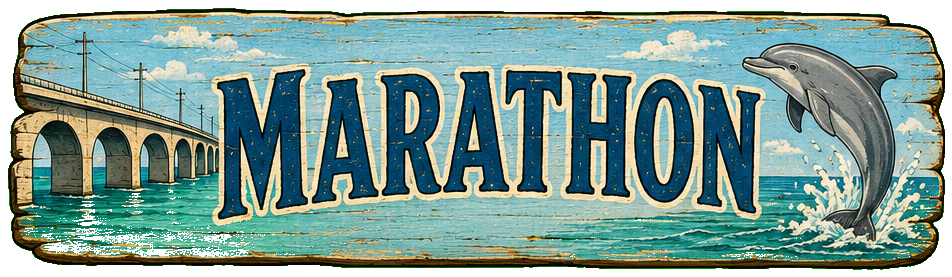 Illustrated vintage road sign for Marathon