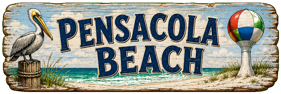 Illustrated vintage road sign for Pensacola Beach