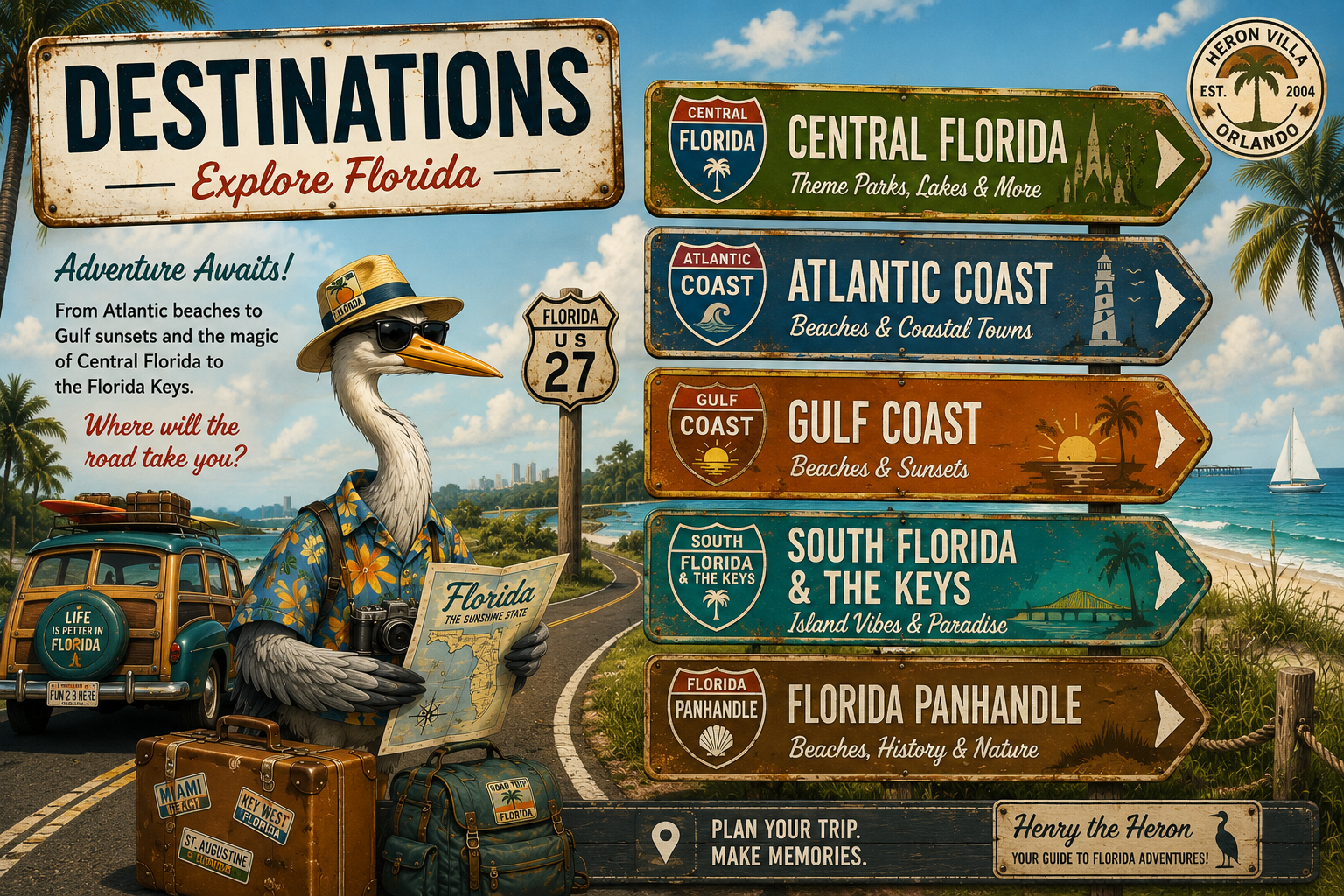 Henry the Heron Florida road trip destinations guide