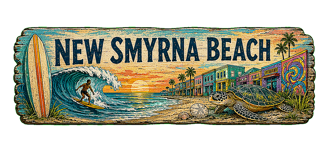 Illustrated vintage road sign for New Smyrna Beach