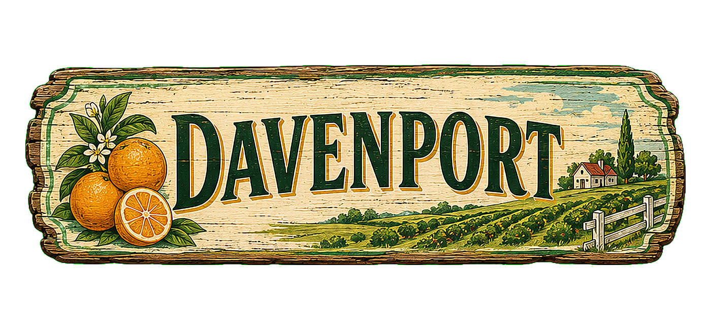 Illustrated vintage road sign for Davenport
