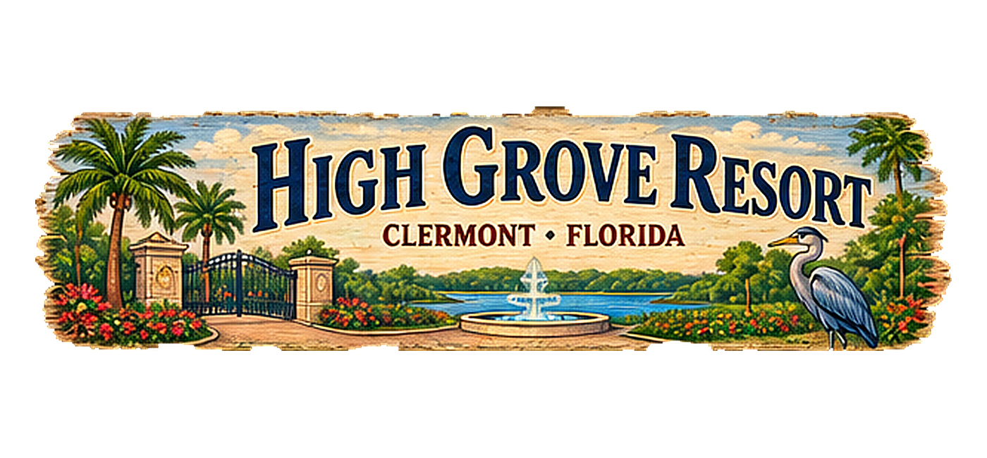 Illustrated vintage road sign for High Grove Resort