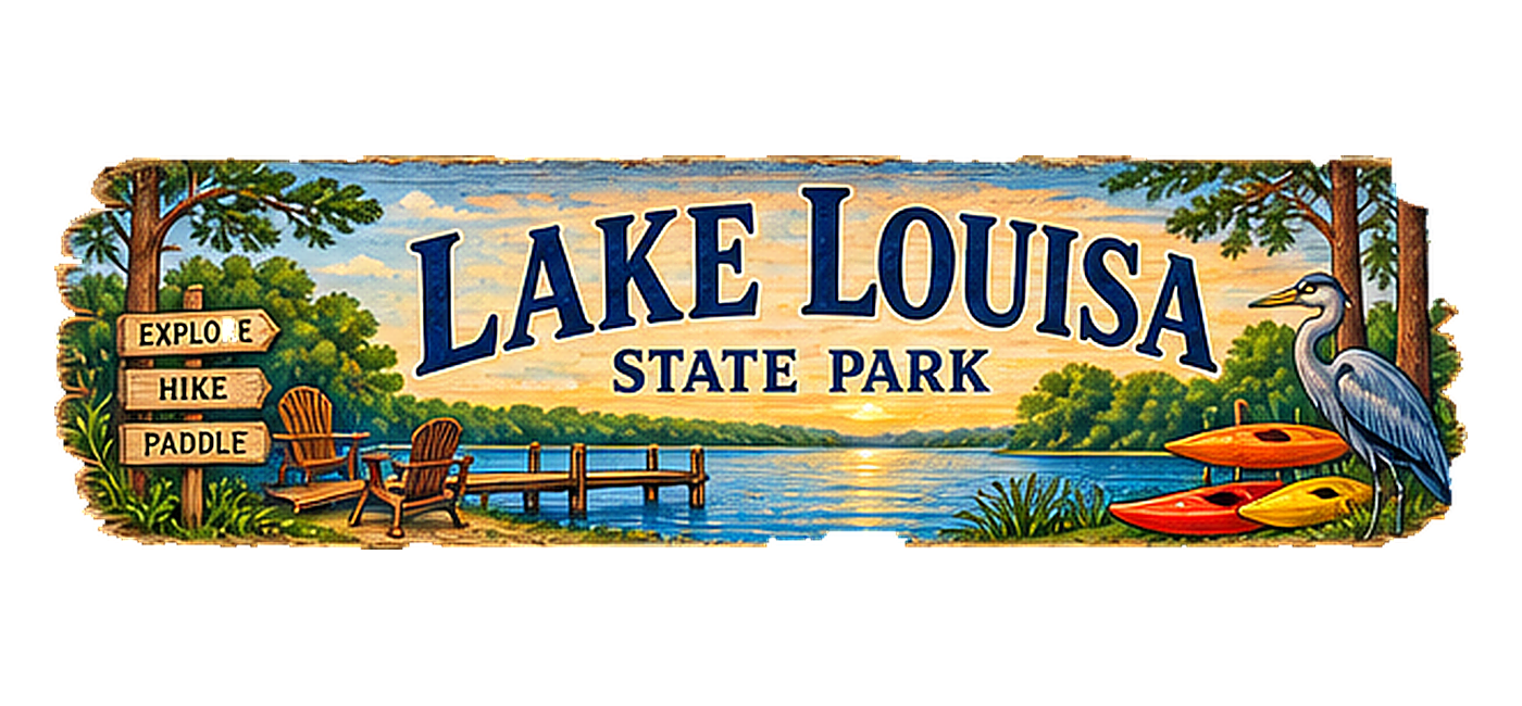 Illustrated vintage road sign for Lake Louisa State Park