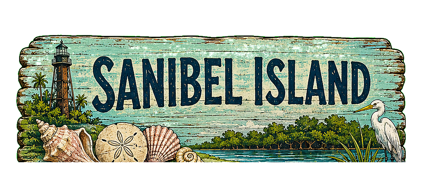 Illustrated vintage road sign for Sanibel Island
