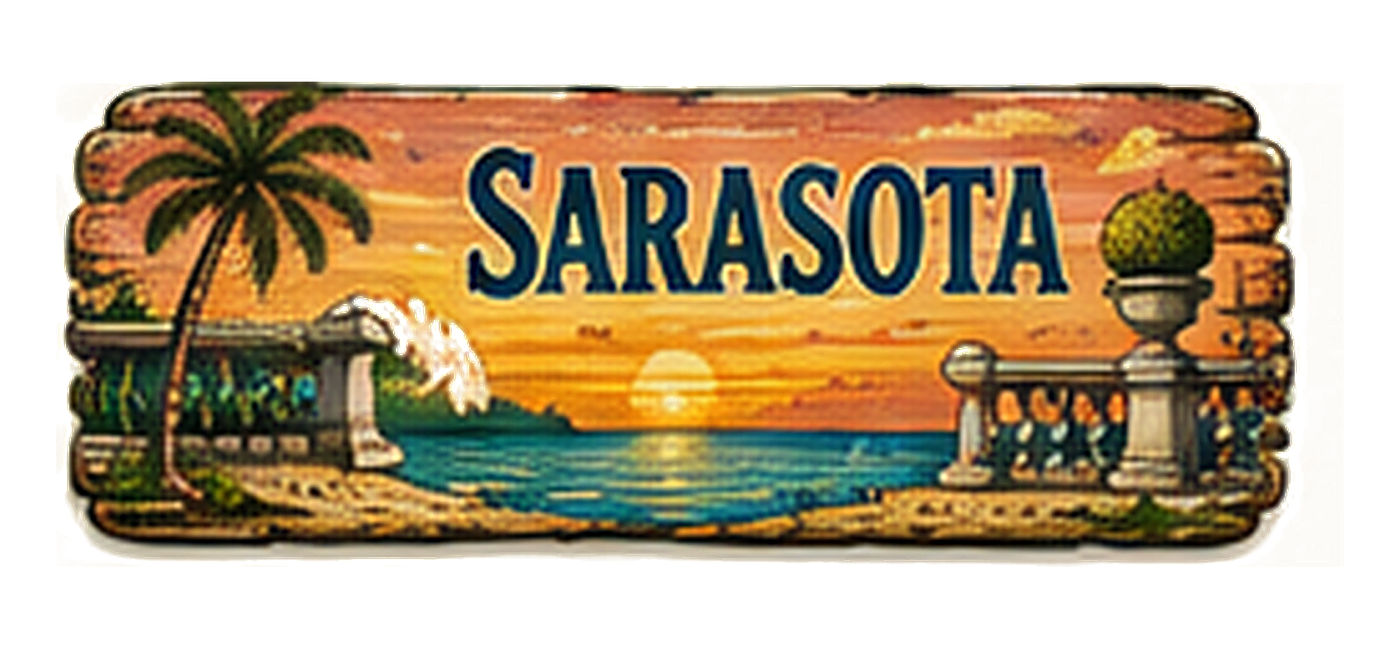 Illustrated vintage road sign for Sarasota