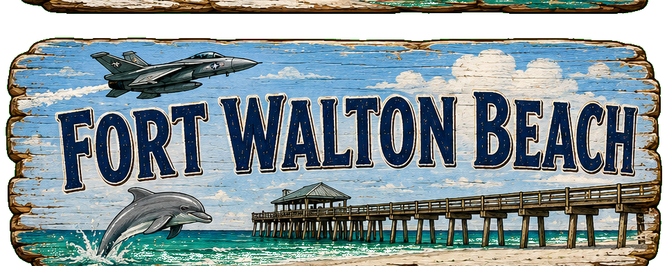 Vintage illustrated Fort Walton Beach destination sign
