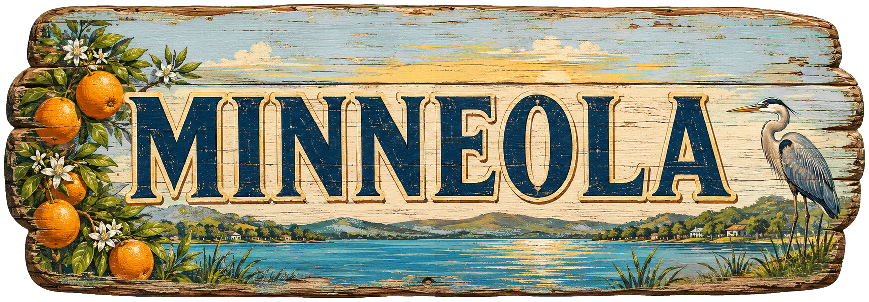 Vintage illustrated Minneola destination sign