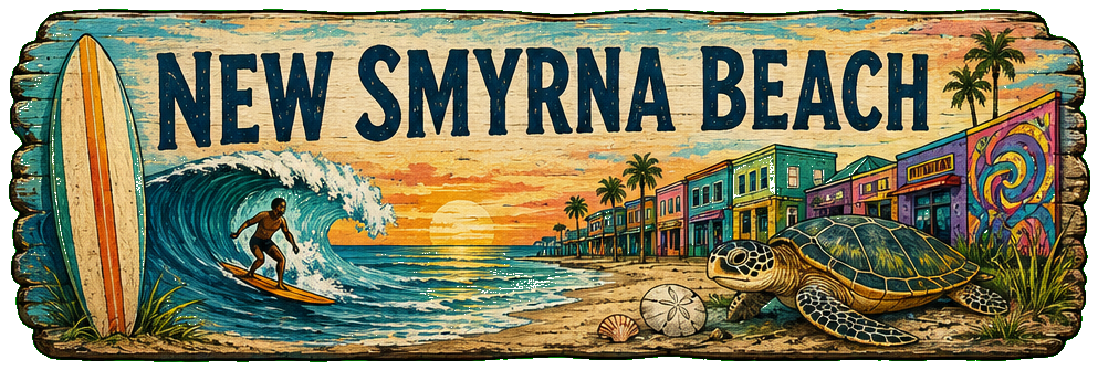 Vintage illustrated New Smyrna Beach destination sign
