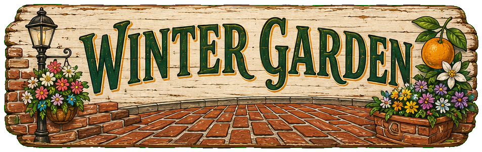 Vintage illustrated Winter Garden destination sign