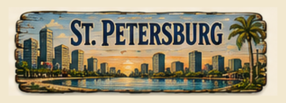 Vintage illustrated St Petersburg destination sign
